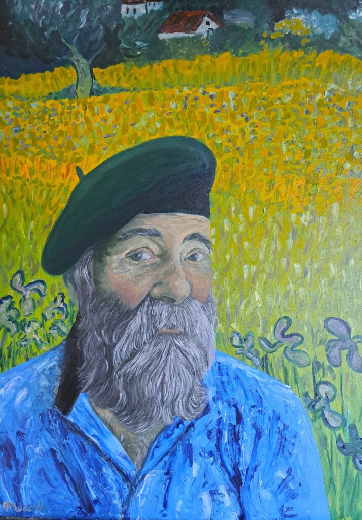 Man met een baret voor het schilderij met Vincent van Gogh Veld met irissen bij Arles geschilderd door Marjolein Wessels