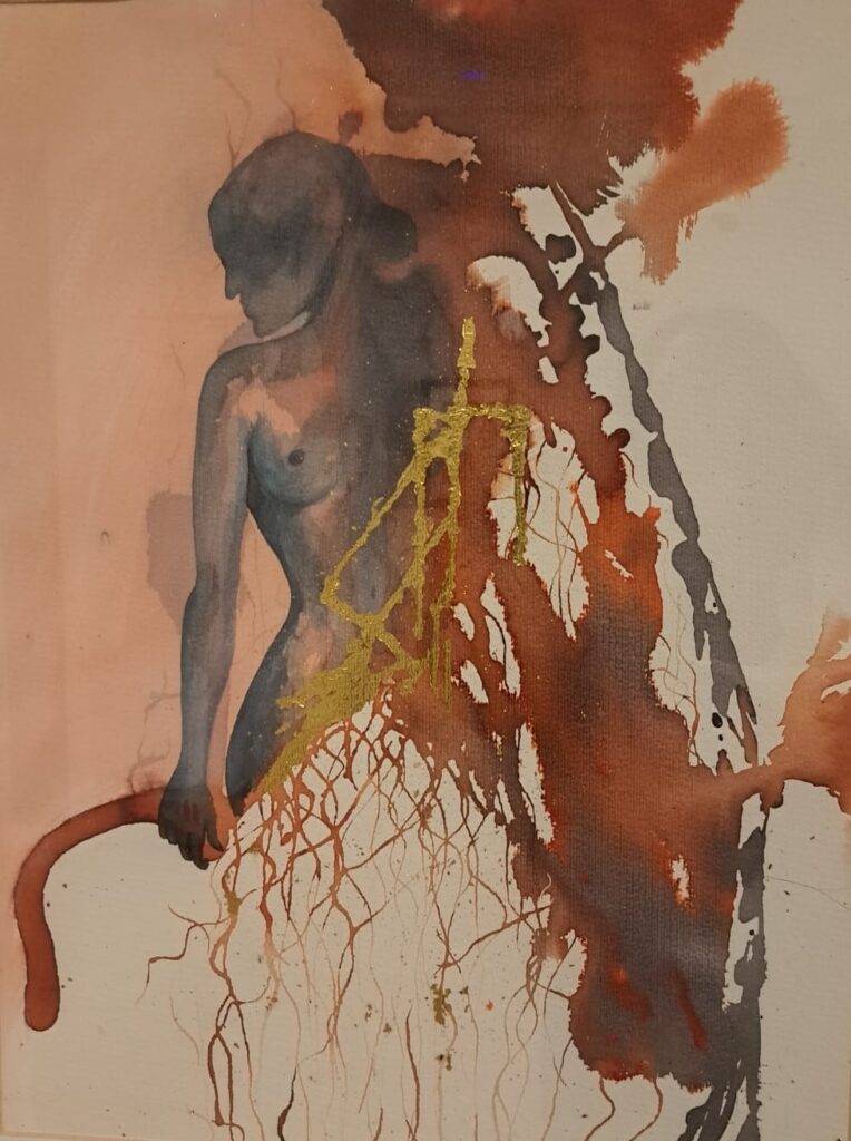 Mixed media, ecoline en bladgoud vormen samen een spannend geheel aangaande het grip willen houden op het lijf waar dat soms niet mogelijk is met een naakte vrouw op de voorgrond.